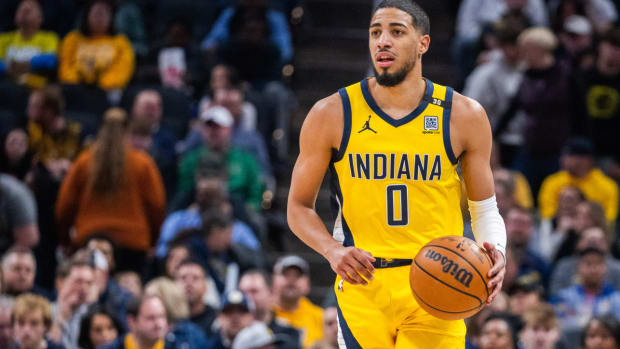 Jan 5, 2024; Indianapolis, Indiana, USA; Indiana Pacers guard Tyrese Haliburton (0) dribbles the ball in the first quarter against the Atlanta Hawks at Gainbridge Fieldhouse. Mandatory Credit: Trevor Ruszkowski-USA TODAY Sports  